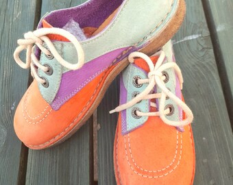 90s nubuck leather COLOURBLOCK KICKERS laceup SHOES orange turquoise purple uk 5 eu 38