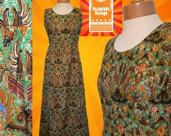 70s GREEN FLORAL cotton batik sleeveless MAXI dress sixties seventies uk 8