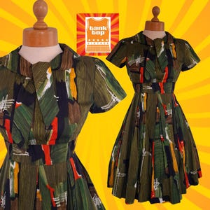 Stunning 50&#39;s FIFTIES olive GREEN orange yellow atomic print dress SUIT  uk 10 rockabilly