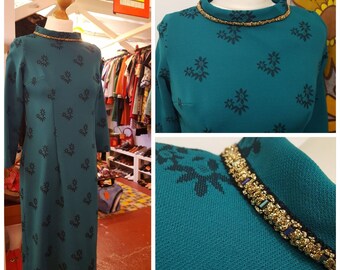 TEAL green 60'S DRESS with gold braid floral mod sixties uk 10