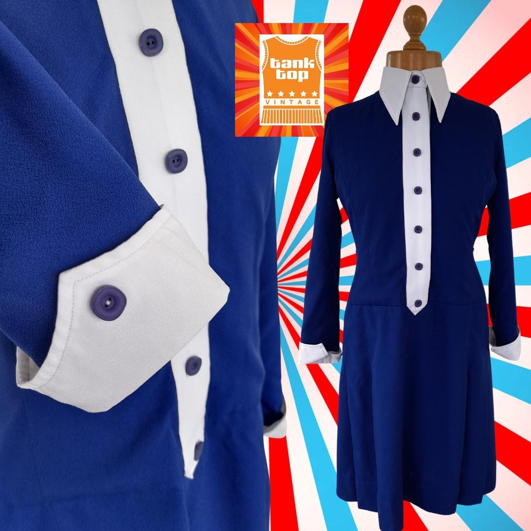 60s Vintage Royal BLUE White Dagger Collar Mod Girl MOD DRESS Uk 8