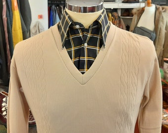 70s deadstock STONE beige BRINYLON v neck cable knit JUMPER sweater 38 chest