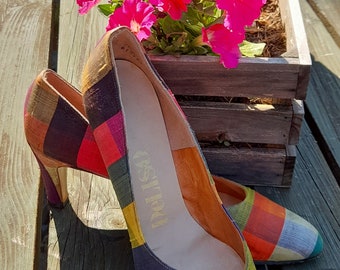 60s 70s 80s RAINBOW CHECK fabric deliso court SHOES 5 5.5