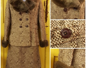 Vintage 60s 70s WINDSMOOR BROWN tweed faux FUR skirt suit small uk 8