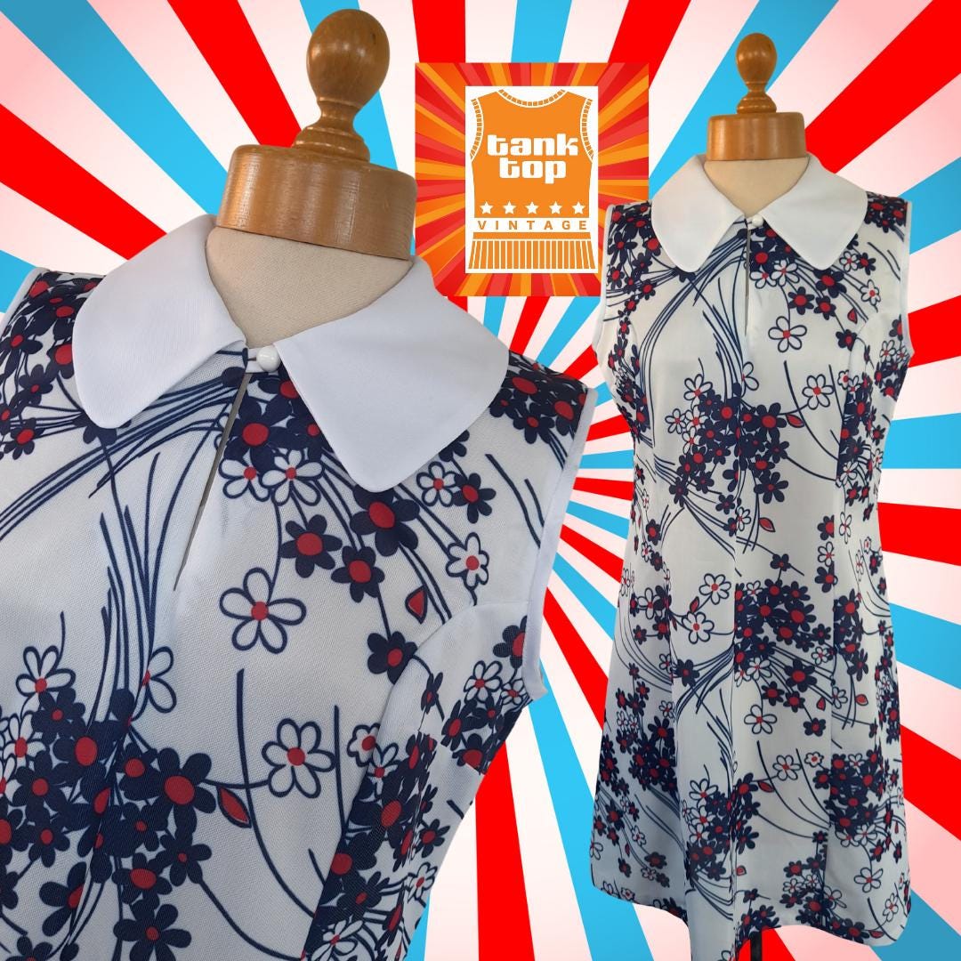 Space Age Fabric 1960 Mod Dress 60s Vintage RED White Blue DAISY