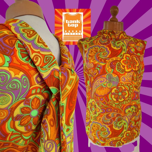 60s sixties ORANGE lime PSYCHEDELIC tie back sleeveless shell mod TOP uk 10