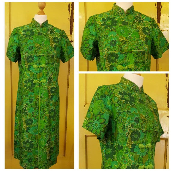 60's handmade GREEN floral CHEONGSAM style DRESS s