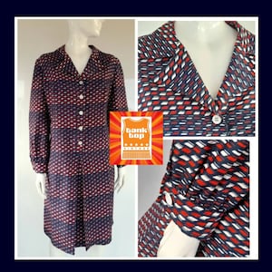 70s vintage RED white BLUE shirtwaister DRESS volup uk 18
