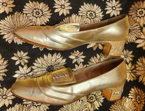 60s GOLD glitter DIAMANTE pilgrim SHOES by fiesta… - image 7