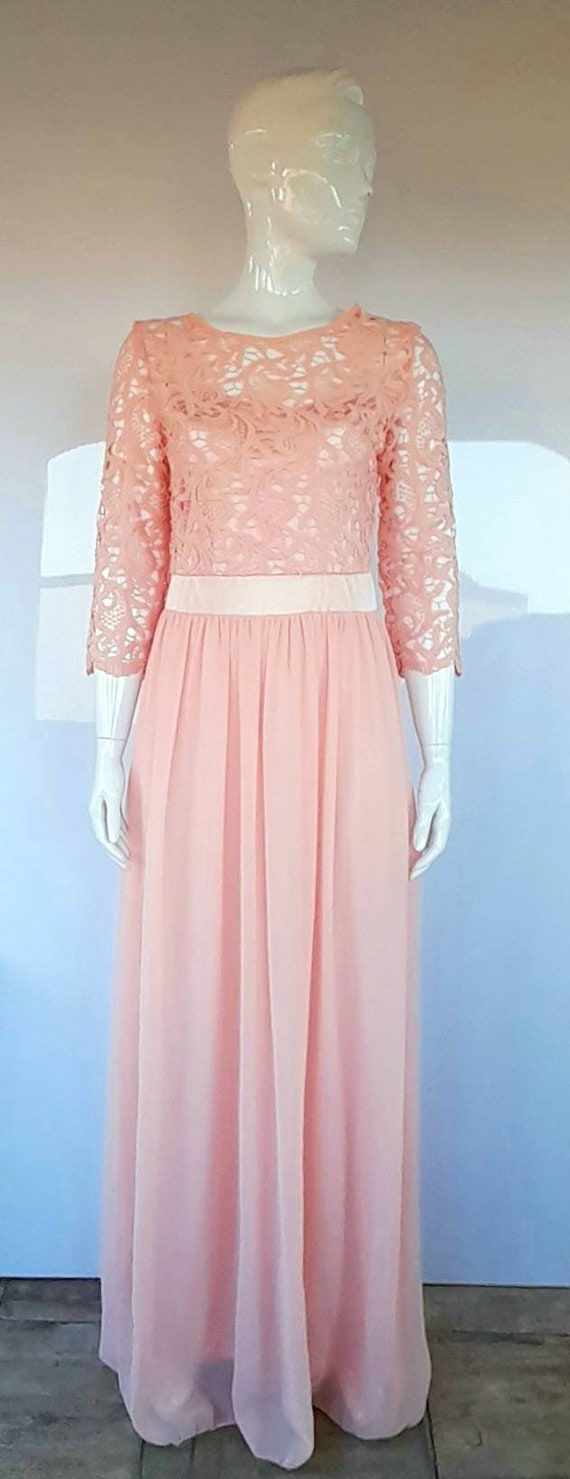 60s 70s pale salmon PINK lace and nylon MAXI DRES… - image 2