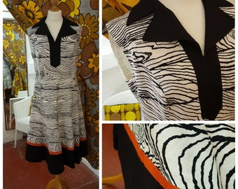 70's BLACK WHITE abstract print linen DRESS by dieter gerhard modell uk 12