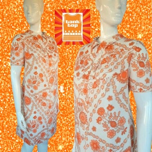60s VOLUP ORANGE peach floral mod DRESS uk 16 18