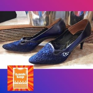 60s NAVY PURPLE lace adam glamour WINKLEPICKERS heels mod sixties uk 5.5 6