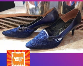 60s NAVY PURPLE lace adam glamour WINKLEPICKERS heels mod sixties uk 5.5 6