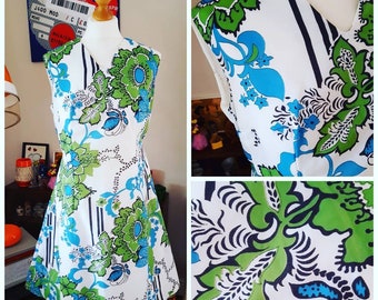 60's handmade TURQUOISE and GREEN floral print shift DRESS uk 14 mod sixties