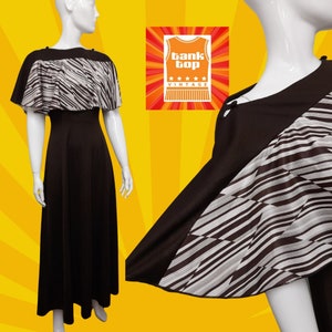 70s chocolate BROWN and cream geometric print MAXI dress with fixed CAPELET uk 10