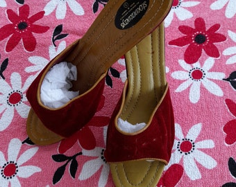 70s WINE RED velveteen STOWAWAYS  heels mules shoes uk 5