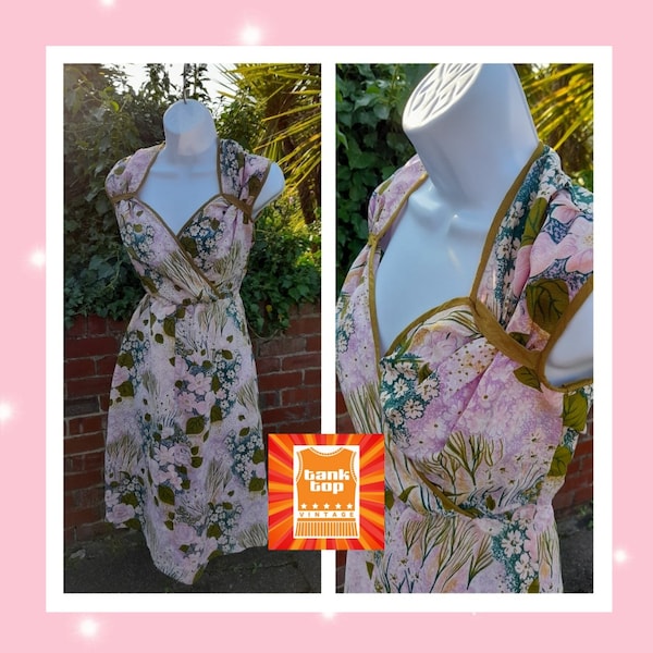 70s does 40's LILAC teal olive PINK floral polyester crepe tea dress DRESS uk 8