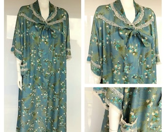 50s BLUE GREEN floral lace trim HOUSECOAT robe dressing gown peignoir uk