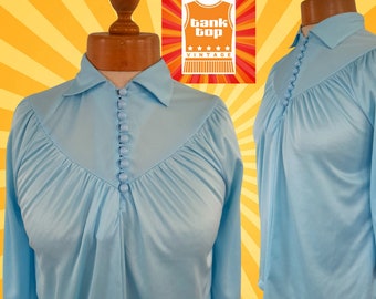 70's baby BLUE polyester SMOCK TOP blouse uk 10 12