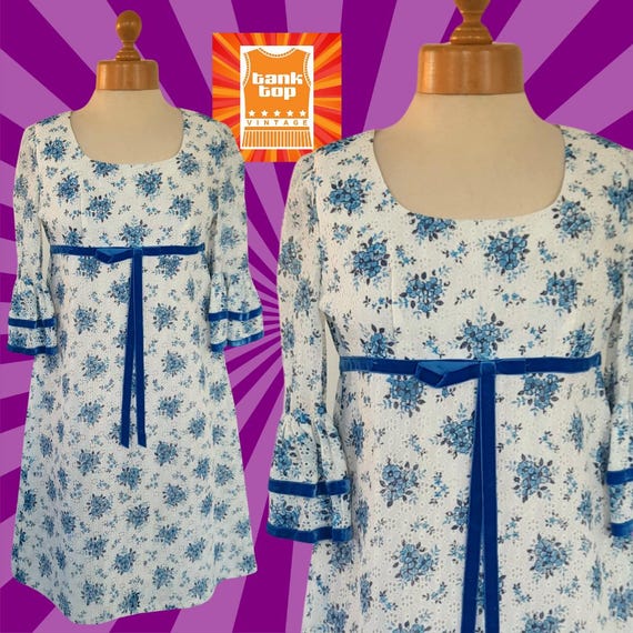 60s Maggie May Lace Dress, Blue Velvet Ribbon Trim, UK 8
