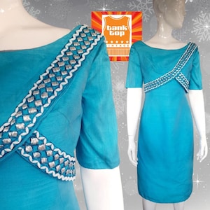Blue 60s AQUA BEADED cocktail DRESS mod sixties uk 10