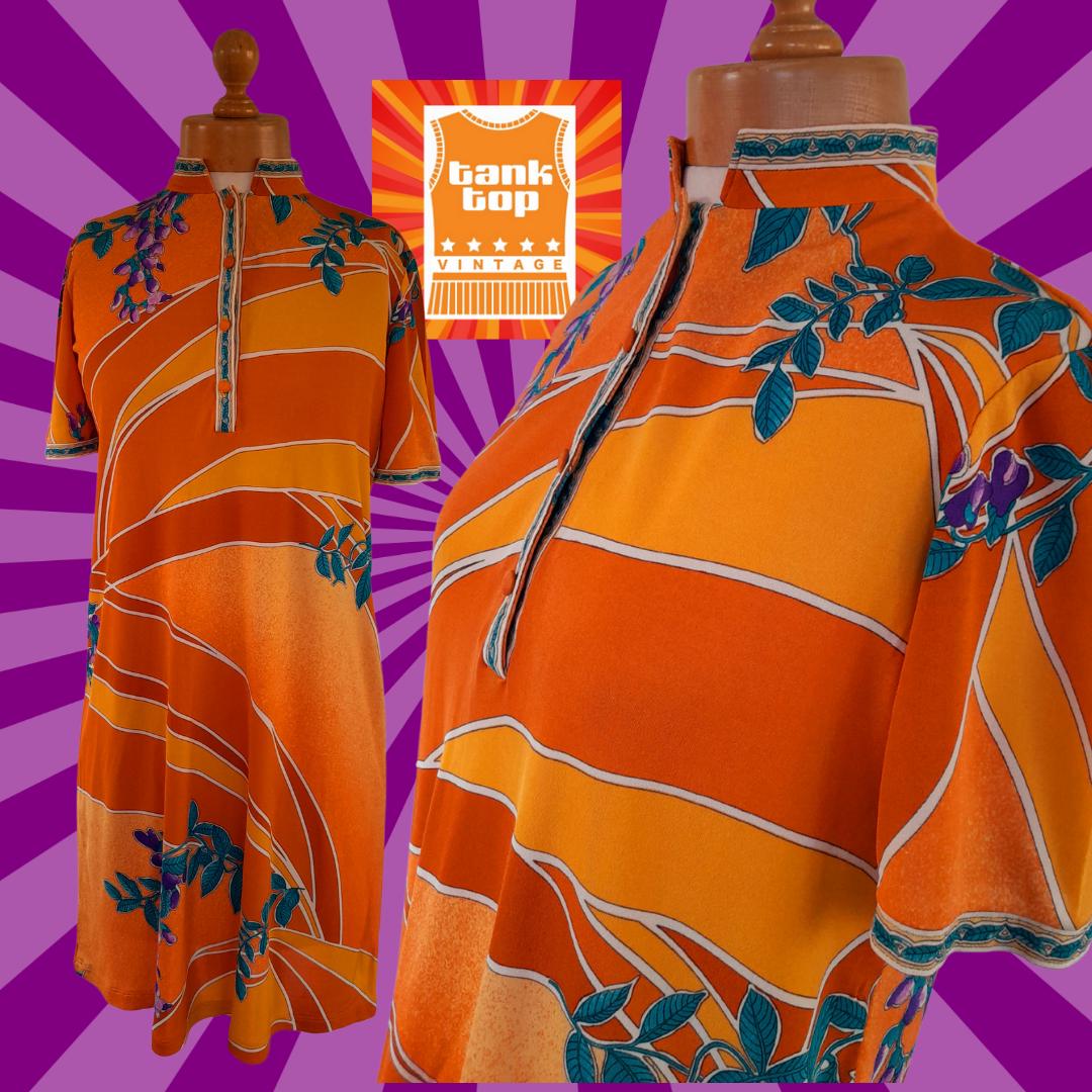 60s 70s ORANGE turquoise purple FLORAL nehru collar italian jersey knit  DRESS 12 mod sixties