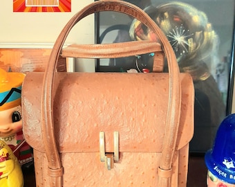 60s chunky quality TAN LEATHER embossed ostrich skin CONCERTINA bag handbag mod sixties