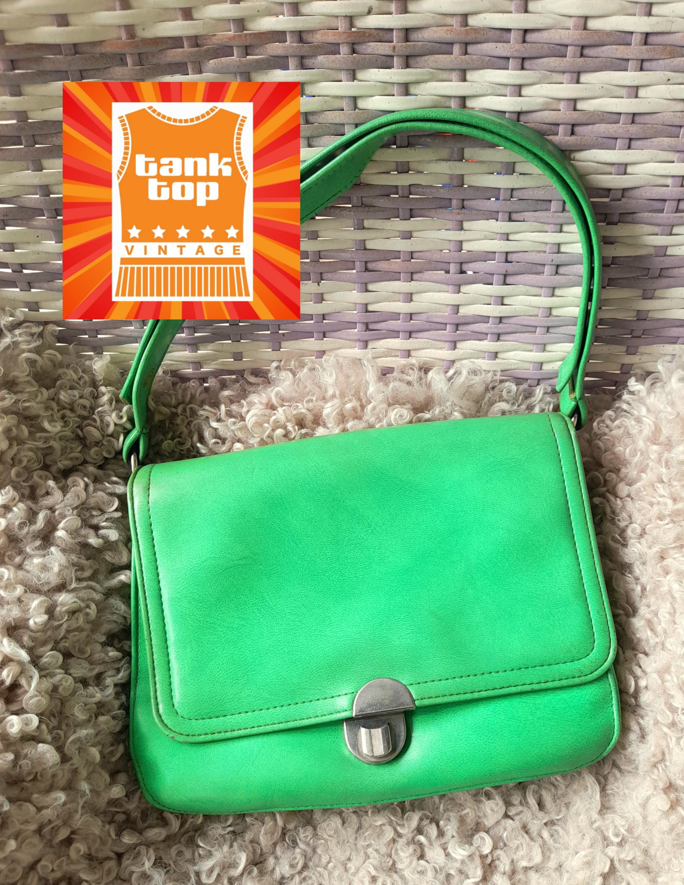 60's 70s Bright Spring GREEN VINYL Adjustable Strap Shoulder BAG