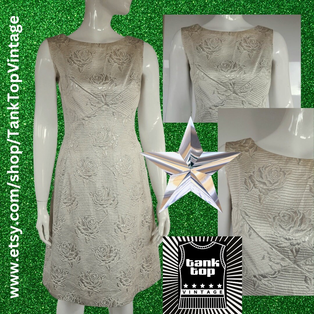 VINTAGE 60s 70s METALLIC GOLD SILVER CREAM LUREX FLORAL PARTY GLAM TEA DRESS 14 main image 0