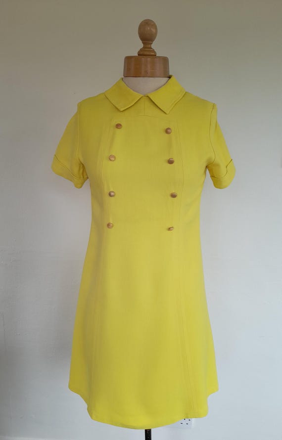 60s Acid Yellow Mod Dress, Gold Button Trim, Petite UK 6