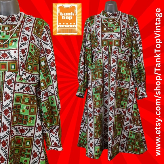 60s GREEN burgundy abstract PSYCHEDELIC dress MOD… - image 1