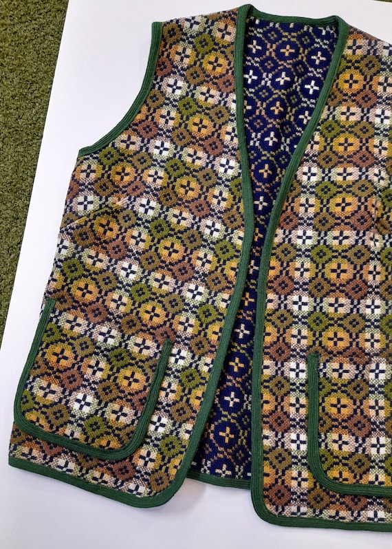 70s WELSH TAPESTRY wool green tan brown geometric… - image 4
