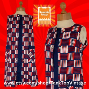 60&#39;s ROJO blanco AZUL comprobar línea trapecio cuello cuadrado cambio VESTIDO uk 12 mod sesenta