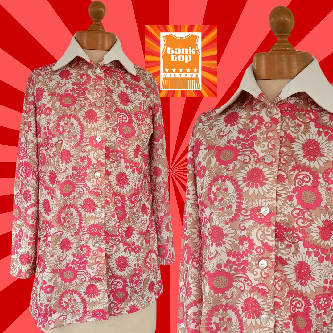 60s PINK and beige FLORAL TUNIC top with white collar mod sixties 