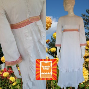 70s seventies white cotton apron front PRAIRIE boho hippy peasant MAXI DRESS uk 10