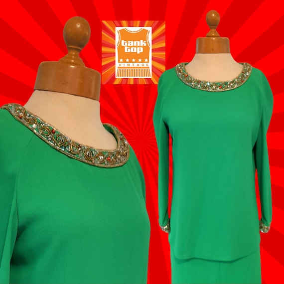 80s emerald GREEN FRANK USHER skirt blouse suit w… - image 1