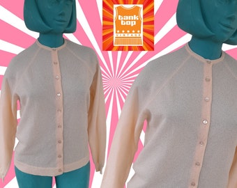 anni '60 PEACH pallido Nonna piega NYLON meridiano CARDIGAN mod anni Sessanta skinhead uk 12 piccolo 14