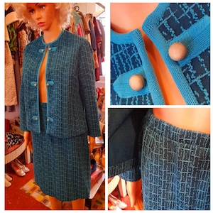 60s AQUA blue abstract crimplene SKIRT SUIT uk 12 sixties mod