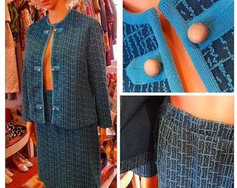 60s AQUA blue abstract crimplene SKIRT SUIT uk 12 sixties mod