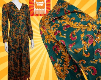 70s Paisley Maxi Dress: Emerald Green, Gold UK 10