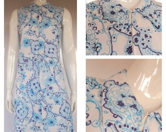 60s turquoise blue floral MOD ZIPPER DRESS uk 12