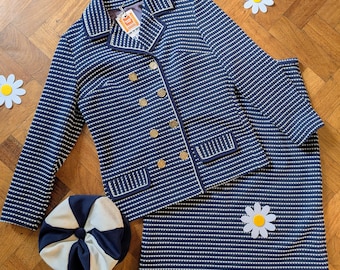 60s NAVY white stripe jersey knit double breasted SKIRT SUIT uk 10 sixties mod