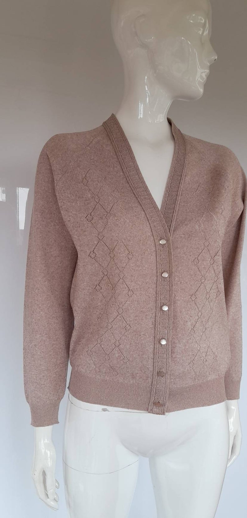 70s 80s OATMEAL marl pointelle v neck littlewoods fully fashioned CARDIGAN mod skinhead uk 16
