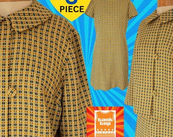 60s Mod Suit, Handmade Wool Blend Checkered Skirt Dress Jacket, UK 10-12