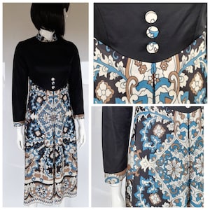 60s BLACK BLUE floral paisley melbray of london DRESS mod sixties uk 10
