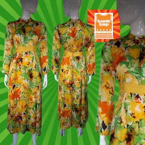 60s 70s bright YELLOW FLORAL MAXI dress uk small 10