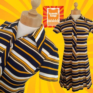60&#39;s jersey knit YELLOW navy and white STRIPED shirt DRESS mod sixties uk 6