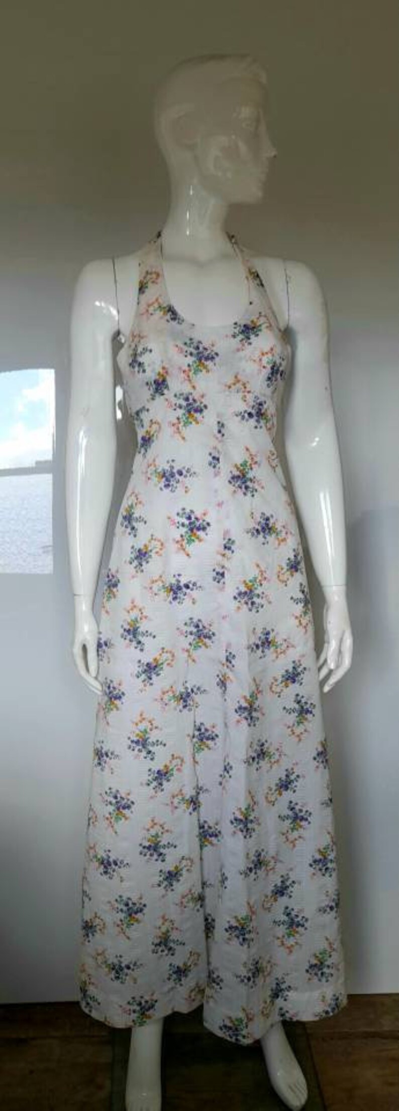 70s orange purple FLORAL HALTERNECK DRESS summer dress boho uk 4 6