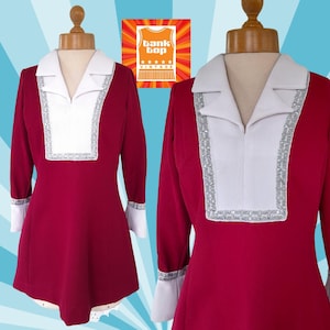 60s BURGUNDY white silver braid MINI DRESS mod sixties volup uk 10